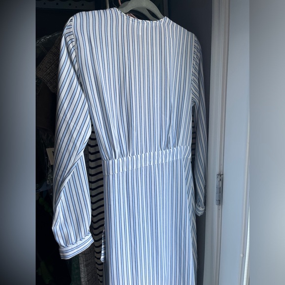 BLUE AND WHITE STRIPED SUMMER LONG SLEEVE TRUE WRAP DRESS MEDIUM - Picture 4 of 6